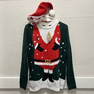 Merry Christmas by Poof Santa Hat and Sweater NWT L